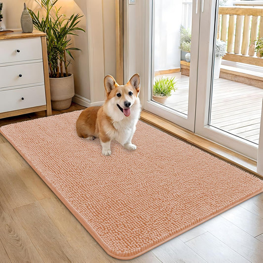 OLANLY Dog Door Mat - Absorbent Non-Slip Washable Doormat for Muddy Paws | Quick Dry Chenille, 45x27, Peach