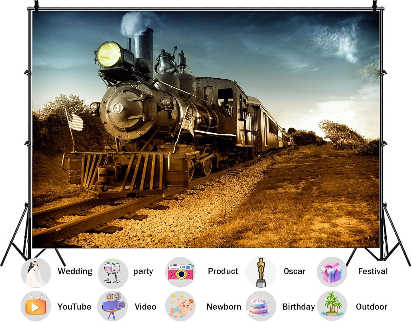 SHDASMIL 5X3ft Sunset Fabric Vintage Steam Locomotive Backdrop Train Tracks Background Western Cowboy Birthday Party