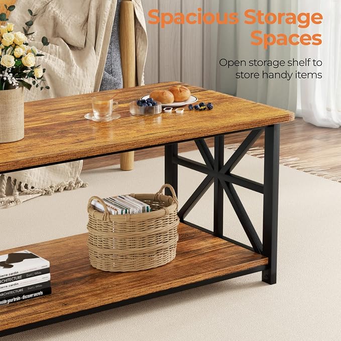 GreenForest Coffee Table with Round Corner, Farmhouse Center Table with 2-Tier Storage Shelf X-Frame Design for Living Room, 39 inch Walnut