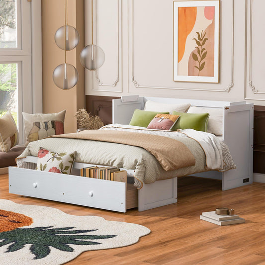 Bellemave Queen Murphy Bed Cabinet Bed, Solid Murphy Bed with Storage Drawer, Queen Size Bed with USB Ports, Chest Wall Bed with Drawer (White, Queen)
