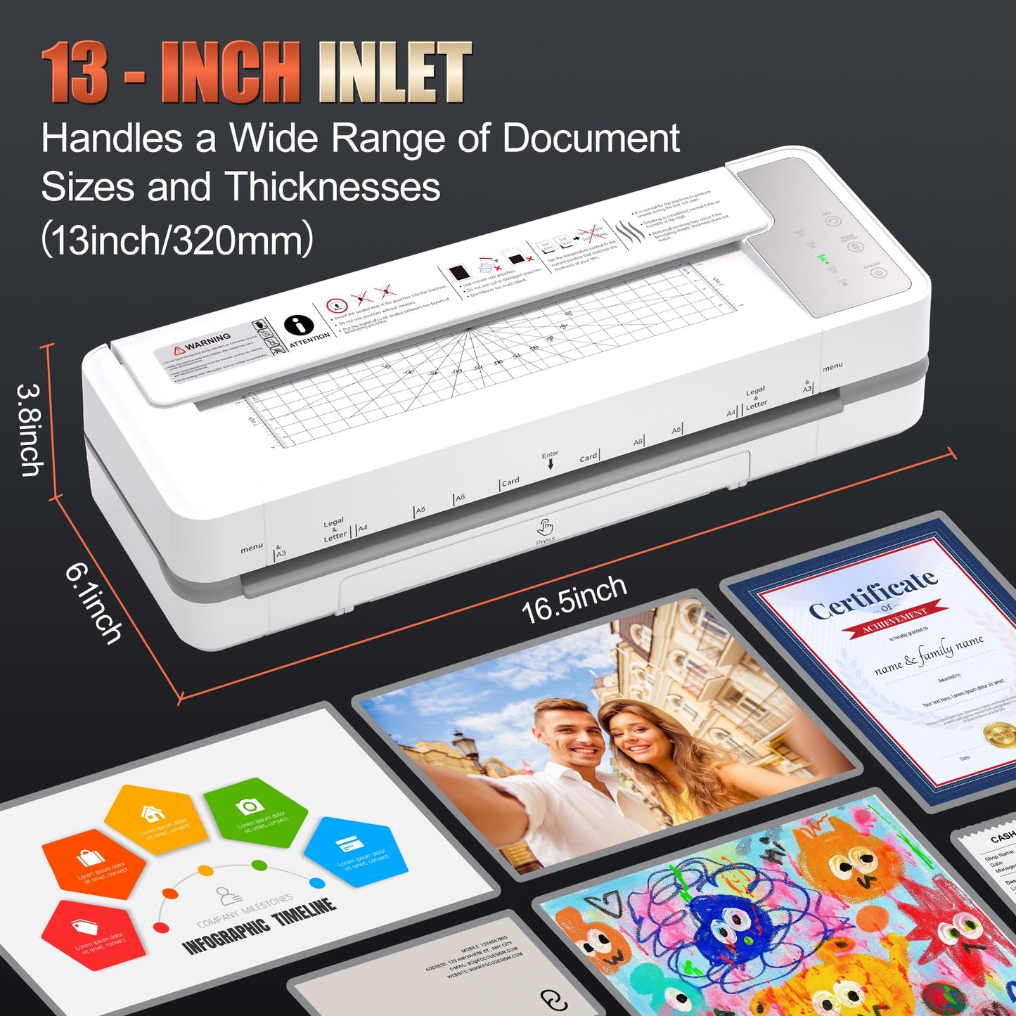 13" 4-Roller Commercial Laminator Machine, Fast 55s Warm-Up&1000mm/min Laminating Speed for Laminating 11x17&A3 Size,Includes 30 Sheets for Office,School(White)