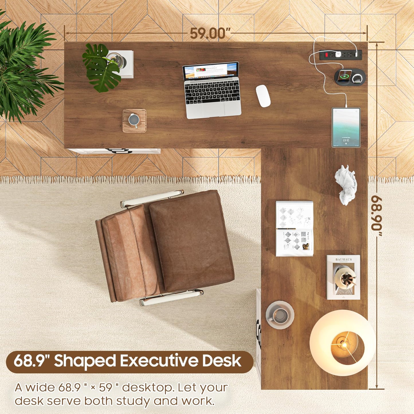 Vabches Wood L Shaped Executive Desk with 6 Drawers, Farmhouse Home Office Desk with Power Outlets and Triangle Under-Desk Storage Shelf & Drawer File Cabinet, Corner Computer Desk, Brown