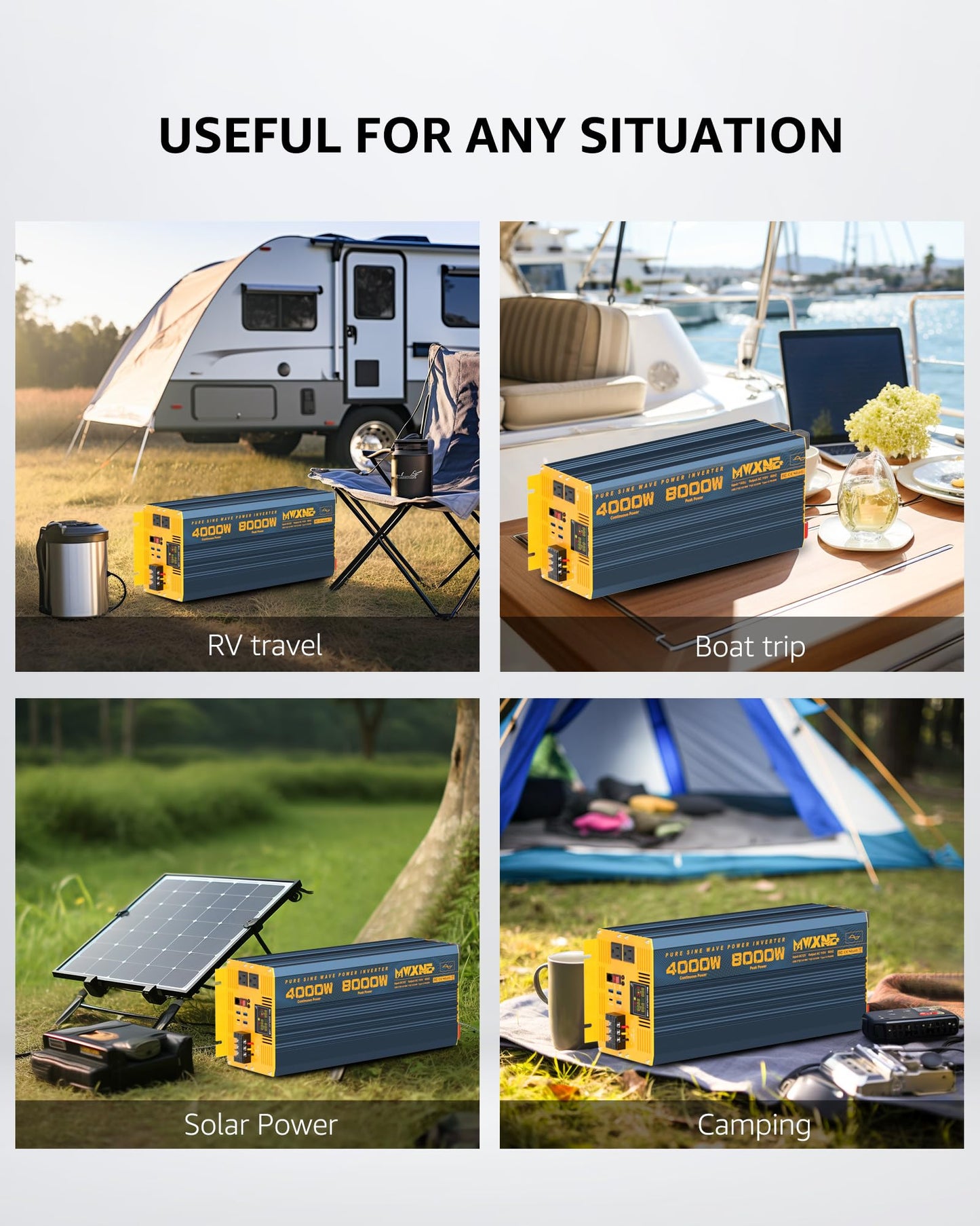 MWXNE 4000W Pure Sine Wave Power Inverter DC 48V to AC 110V 120V for Home RV with Dual AC Outlets 1 USB-C(60W) 3 USB-QC3.0 Fast Car Charger Adapter, LCD Display and Remote Control