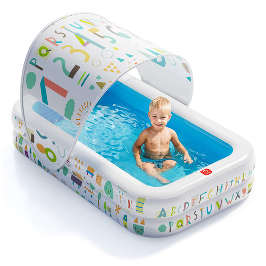 QPAU Kiddie Pool – 65" x 39" Inflatable Pool for Kids & Toddlers, Ball Pit & Baby Pool with Soft Cushioned Floor, Canopy for Sun Protection, Durable Outdoor Play Toys for Backyard & Indoor (Blue)