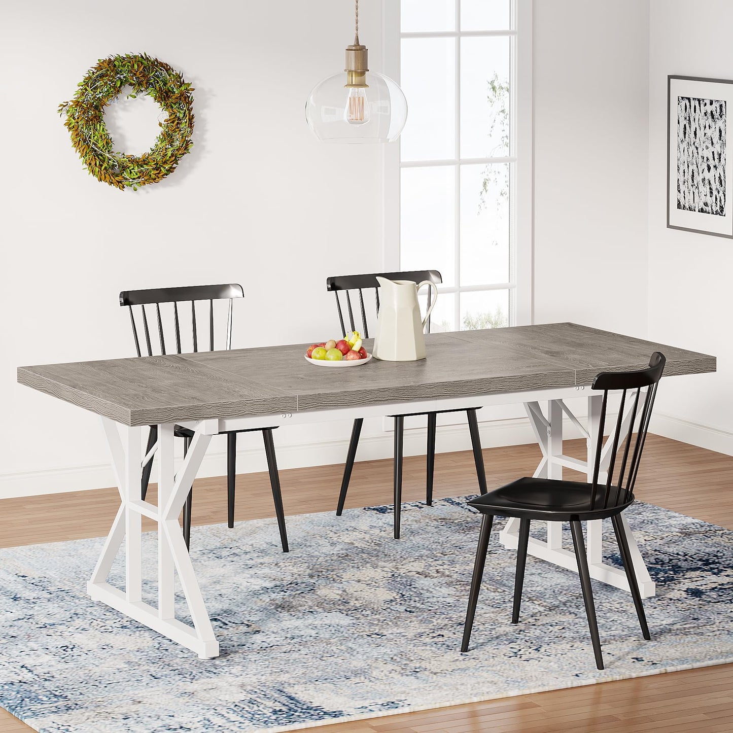 Tribesigns Farmhouse Dining Table for 6 People, 70.8-Inch Rectangular Wood Dining Table, Rustic Kitchen Table with Heavy Duty Metal Legs for Dining Room(Grey)