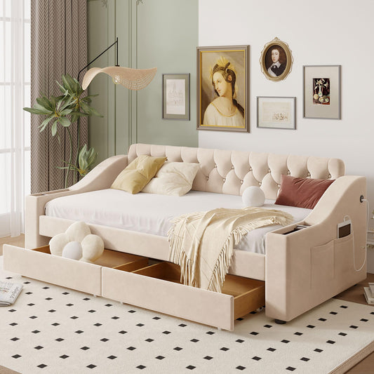 Brisca Twin Size Upholstered Daybed with Storage Armrests and USB Port,Bed Frame W/ 2 Drawers & Wood Slats Support,for Bedroom,Apartment,Guest Room,Beige