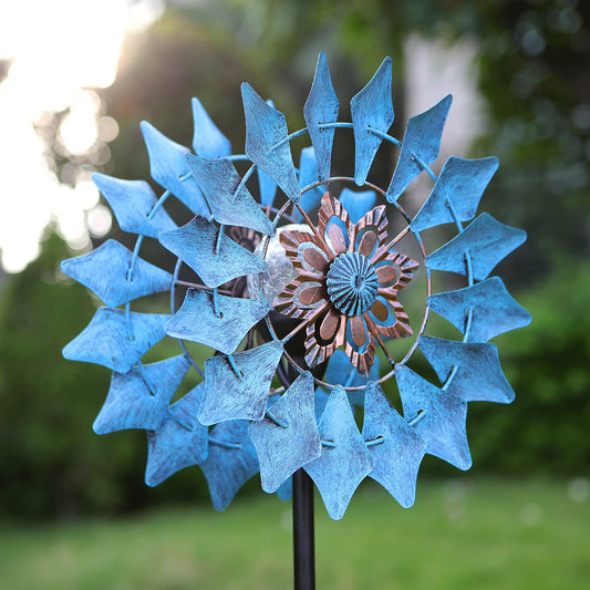 Solar Wind Spinner Azure 360 Degrees Rotate with Multicolor Crackle Glass Globe LED Light Kinetic Dual Direction Outdoor Windmill Ornaments for Garden Backyard Lawn Decoration