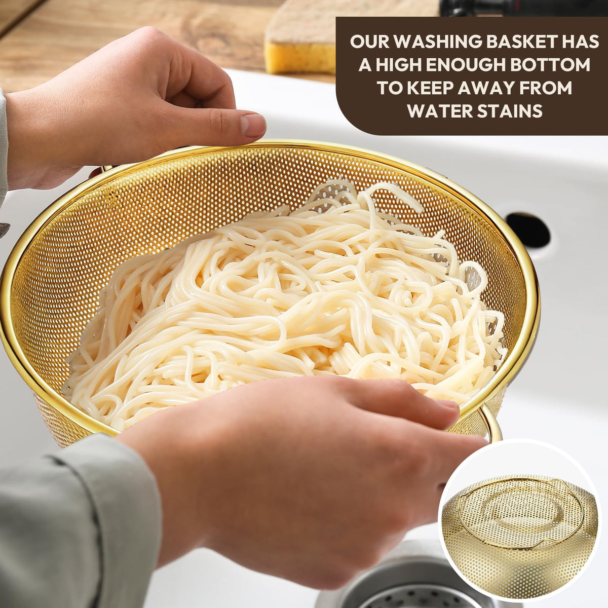 Baderke 3 Pieces Stainless Steel Gold Colander Metal Strainer with Handle Pasta Gold Colander for Kitchen Draining Pasta Rinsing Vegetables Rice Food, 3 Sizes(1-3-5 Quart,Classic)