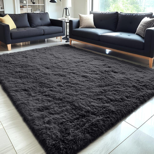 OLANLY Large Area Rug - Soft Fluffy Shaggy Carpet for Living Room & Bedroom | 5x9 ft, Black