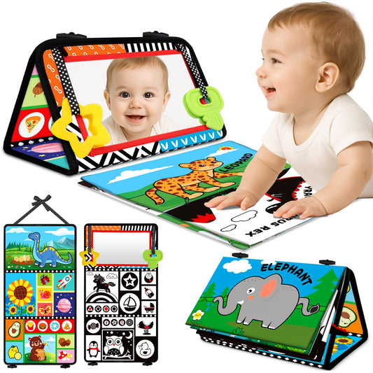 Baby Toys 0-6 Months - Tummy Time Toy Black and White High Contrast Newborn Toys - Baby Mirror with Cloth Book Teether - Montessori Sensory Crinkle Toy for Infant 0-3-6-12 Month Boy Girl Shower Gifts