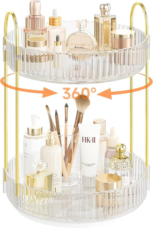 Rotating Makeup Organizer Countertop,Skincare Organizers,Spinning Perfume Tray Stand,Makeup Storage Organizer for Vanity,Bathroom Organizer and Storage,Lazy Susan,2 Tier,Clear