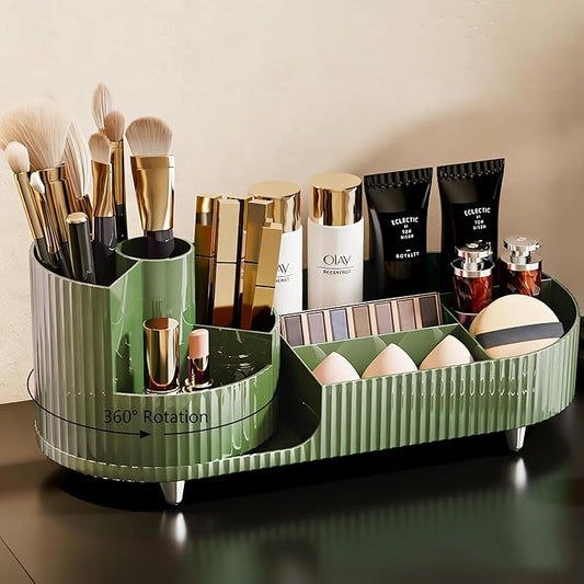 Rotating Makeup Organizer for Vanity with Brush Holder, Cosmetic Makeup Storage Organizer, Large Spinning Makeup Skincare Organizer, Countertop Makeup Perfume Organizer, Lotions Display Case Green