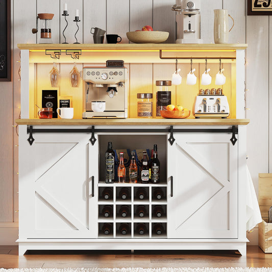 55 in Farmhouse Coffee Bar Cabinet with 3-Mode LED Light and Power Outlet - Large Kitchen Hutch with Sliding Barn Door - Wine Cabinets with Storage Drawers and Wine Glass Rack for Home and Living Rome