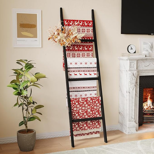 Bamboo Towel Rack 6-Tier Blanket Ladder for Living Room, Bedroom, Bathroom Space-Saving Decorative Ladder for Quilts, Towels and More Black