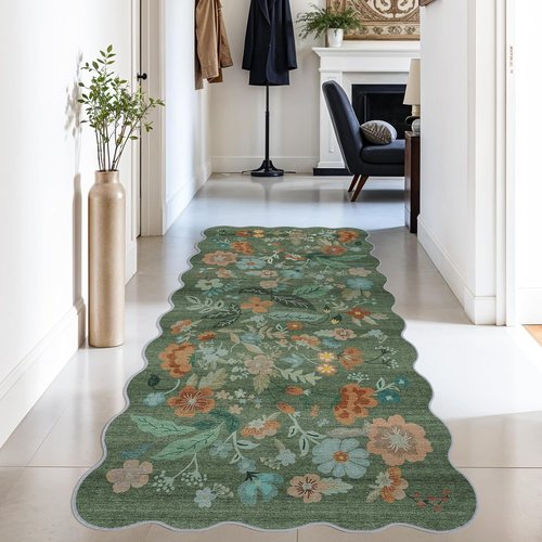 Hallway 3x6 Washable Runner Rug - Soft Non-Slip Floral Scalloped Carpet for Elegant Home Decor | Green