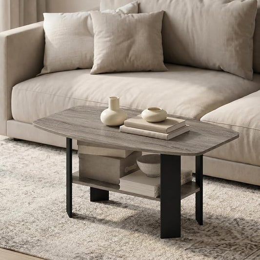 Furinno Simple Coffee Table, 2-Tier Small Coffee Table wih Open Shelf, Side Table, Tabletop with Soft Edges, for Living Room, Home Office, Grey Oak