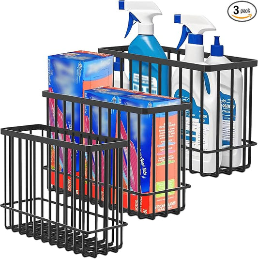 3 Pack Cabinet Door Organizer, Foil and Plastic Wrap Organizer, Wall Mounted Kitchen Organizers and Storage Wire Basket, Pantry Door Storage Kitchen Wrap, Black