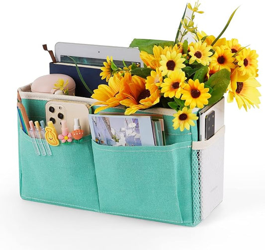 Bedside Caddy Bedside Storage Organizer Hanging Bunk Bed Dorm Room with Side Pockets for Water Bottles, Books, Cell Phones, Headphones (Light Blue)