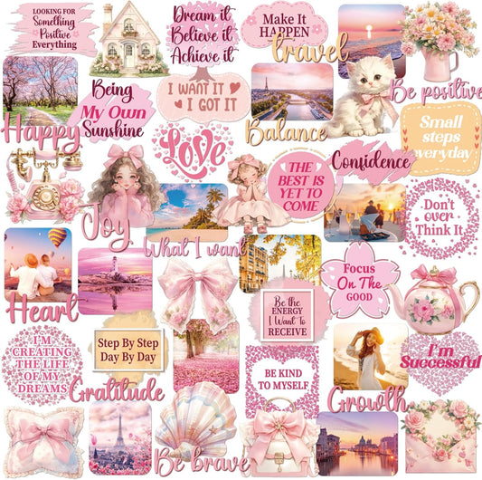 50 Pink Vision Board Stickers - Pcs Cute Aesthetic Travel Planner Scrapbooking Supplies Kit for Adults Women