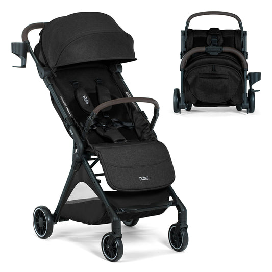 Britax Juniper+ Compact Stroller, Portable & Lightweight On-The-Go Stroller with Fastpack & One-Hand RapidFold, Infant Car Seat Compatible, Built-in Carry Strap, Ventilating Fabrics — Raven Black