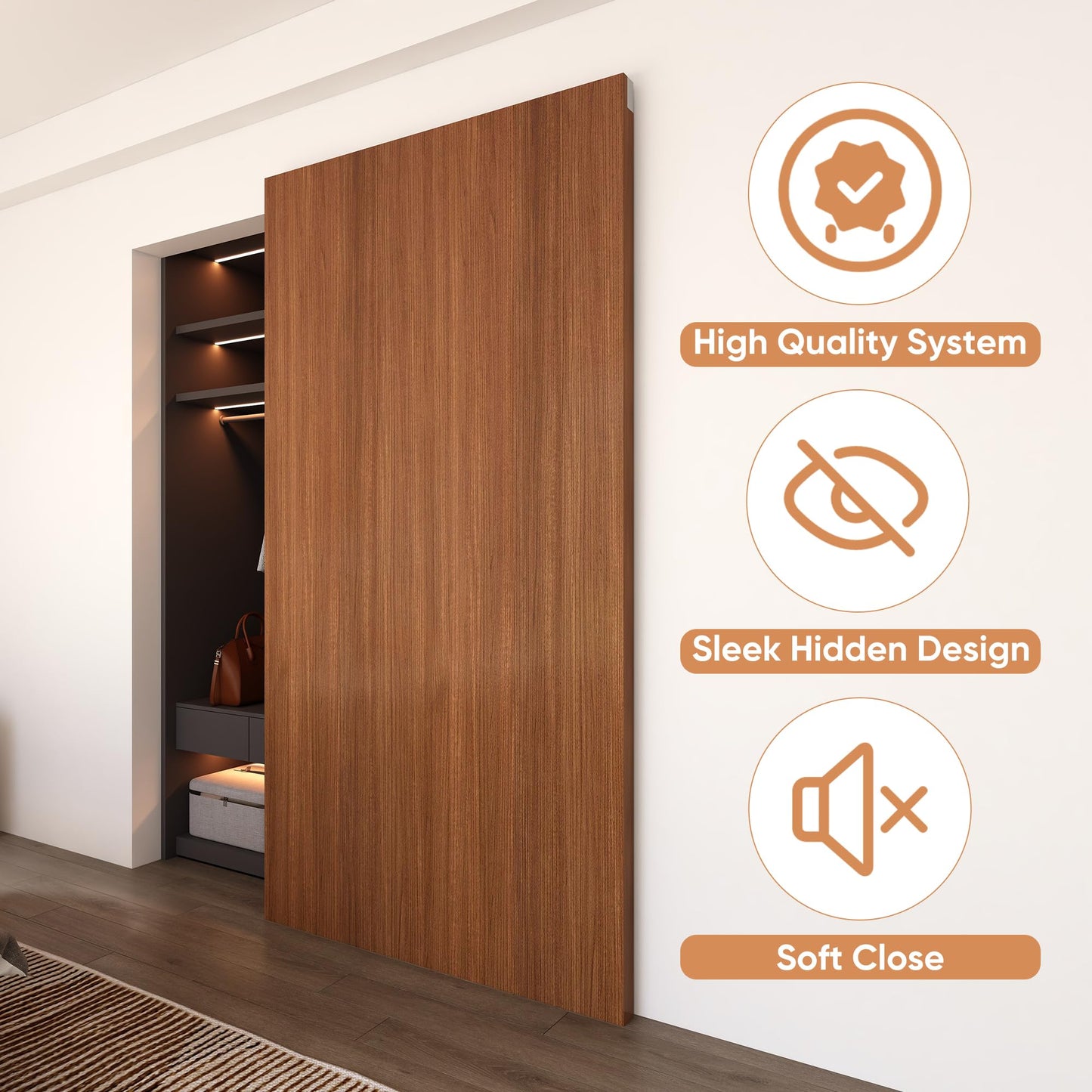 JUBEST 36" Concealed Barn Door Hardware Kit with Soft Close Mechanism, Wall Mounted Invisible Sliding Door Track for Opening Width 28" to 32", Hidden Barn Door Hardware Kit, Door Needs Groove