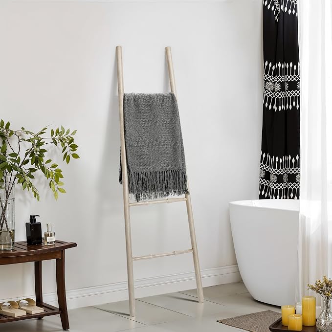 LuxenHome Rustic Blanket Ladder, 61'' Birch Wood 4-Rung Blanket Ladder, Farmhouse Towel Rack Stand for Bathroom Living Room Decor, Towel Holder House Furniture, Home Decor Accessories