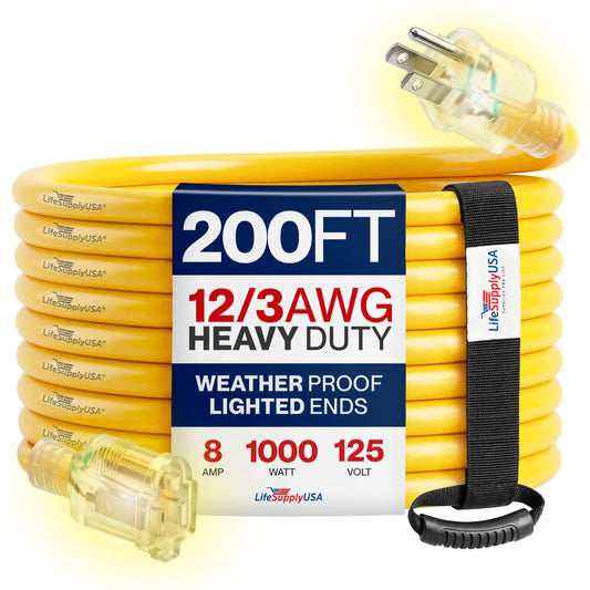 200ft Outdoor/Indoor Extension Cord 12/3 Gauge Extra Heavy Duty 3 Prong SJTW, Waterproof, Flexible Cold-Resistant Long Power Cord,8A 125V 1000W, Yellow by LifeSupplyUSA