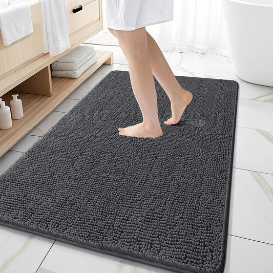 OLANLY Large Bathroom Rugs - Extra Soft Chenille Bath Mats | Quick Dry & Machine Washable, Dark Grey 59x35