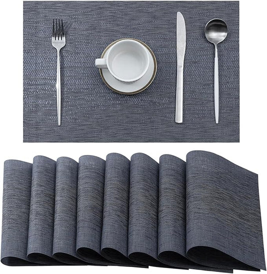 Leetaltree Denim Blue Placemats Set of 8 - Heat Resistant Non-Slip Place mats for Dining Table, Washable Durable PVC Vinyl Woven Table Matsï¼Denim Blue, 8ï¼
