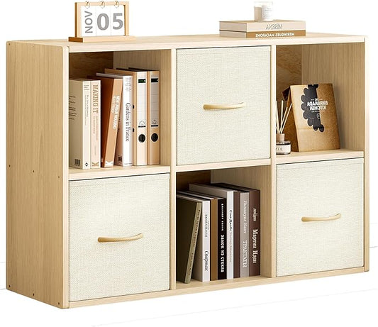 EXPERLAM 6 Cube Storage Organizer - Solid Wood Bookshelf with 3 Storage Bins, Cube Shelf with 2 Removable Back Panels, Vertical or Horizontal Bookcase, Open Book Shelf for Bedroom, Living Room, Office