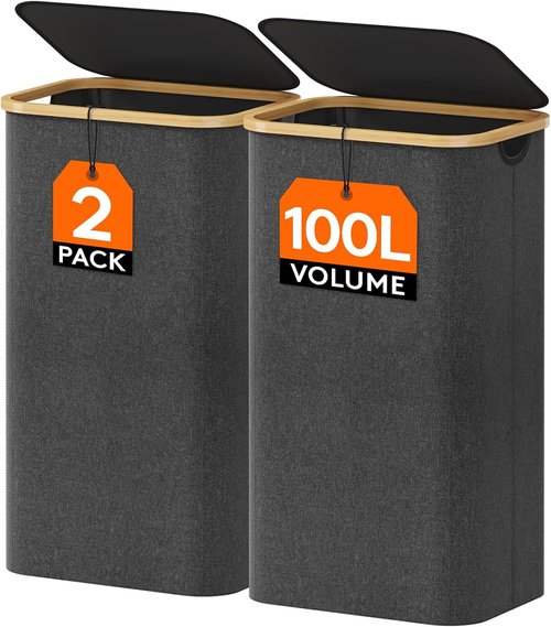 Lifewit 100L Laundry Basket - Foldable Hamper with Lid & Bamboo Handles | Dark Gray, 2 Removable Bags