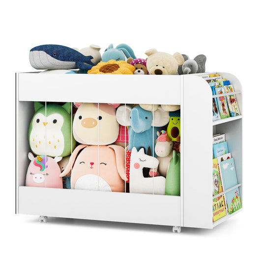 VortinT 3-in-1 Toy Storage Box with Bookshelf and Chalkboard, Large Stuffed Animal Toy Chest on Wheels, Kids Toy Storage Organizer Bin for Kids Room, Nursery & Playroom, for Kids, White