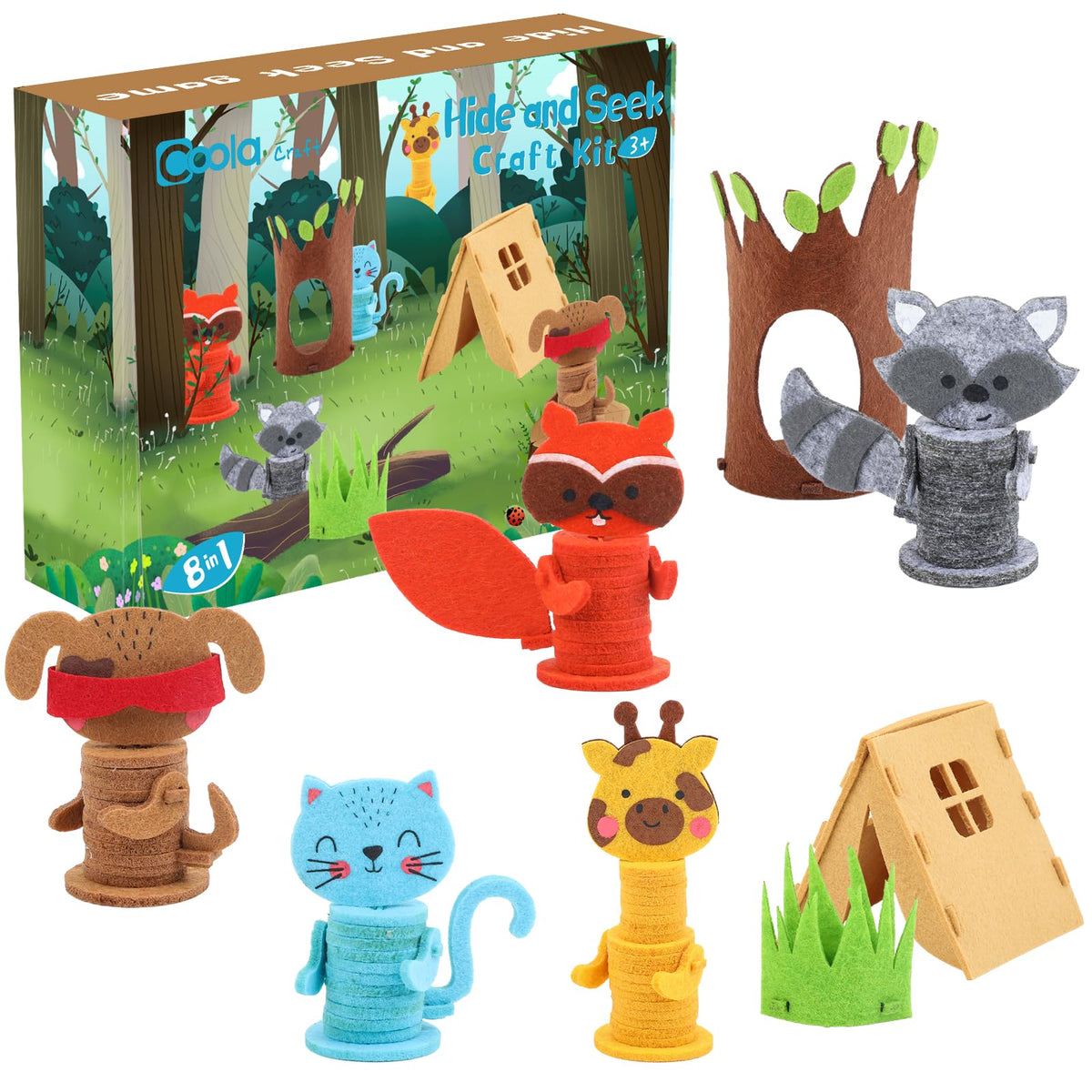 Coola Animal Hide & Seek Craft Kit - 8Pcs Preschool Beginner's DIY Toy Set for Kids Ages 3-6, Includes Cat, Dog, Giraffe, Raccoon, for Boys & Girls 4-8 Years