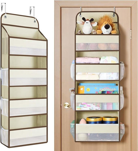 Yecaye Over The Door Organizer, Heavy Duty Hanging Organizers and Storage with 4 Large Capacity Pockets, Swing-Proof Behind The Door Storage for Bathroom Nursery Bedroom Dorm Closet, Beige,1Pc