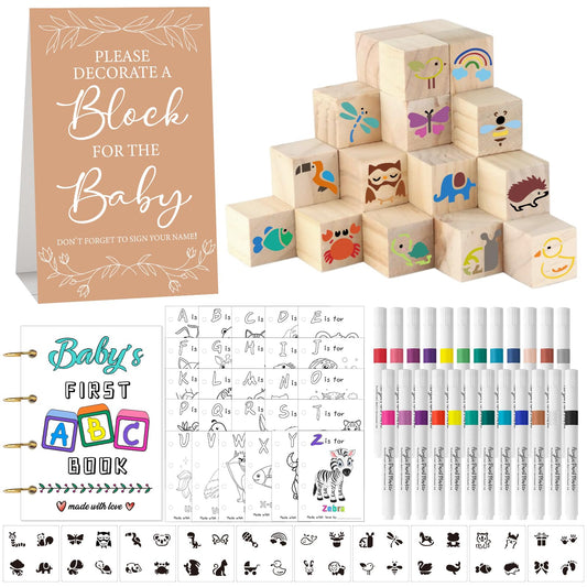 Aisharery 146 Pcs Baby Shower Game Sign Set Includes Decorative Square 54 DIY Blank Wooden Blocks 24 Paint Markers 27 Page Baby‘s First ABC Book