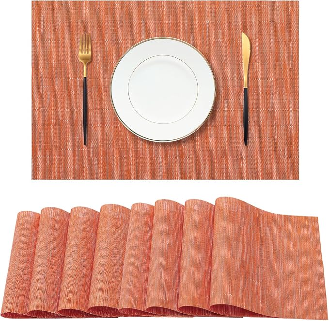 Leetaltree Orange Placemats Set of 8 - Heat Resistant Non-Slip Place mats for Dining Table, Washable Durable PVC Vinyl Woven Table Matsï¼Orange, 8ï¼