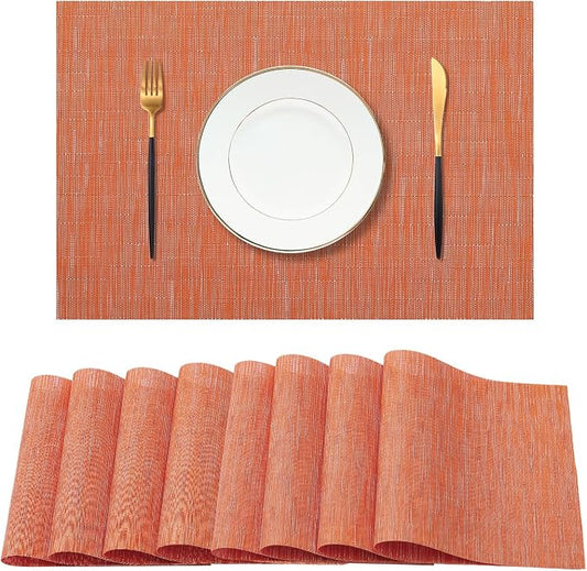Leetaltree Orange Placemats Set of 8 - Heat Resistant Non-Slip Place mats for Dining Table, Washable Durable PVC Vinyl Woven Table Matsï¼Orange, 8ï¼