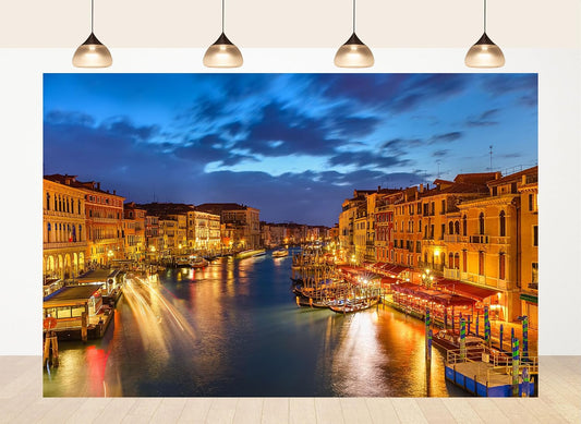 LidyMini 10x7ft Fabric Venice Grand Canal Night Backdrop Historic Palaces Gondolas Light Trails Photography Background
