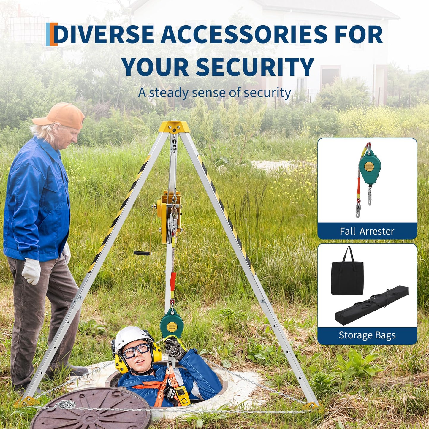 Confined Space Aid Tripod Kit – 1200 Lb Winch, 8' Adjustable Steel Legs, 98' Anti-Rotation Cable, 33' Fall Protection, Fall Arrester, Storage Bag – Industrial Equipment for Manhole & Tunnel Ope