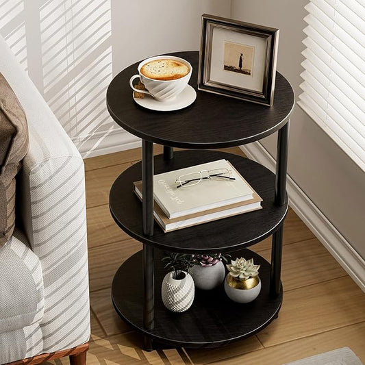 XBurmo Round Coffee Table for Living Room - Narrow Side or Bedside Stand, Industrial Vintage Nightstand for Bedroom, or Small Spaces, Charcoal Wenge