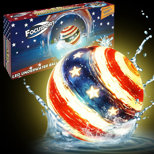 Focusport LED Underwater Pool Ball – 2 Pack 9" Light Up Water Ball Toy, Patriotic Design Pool Sports Game for Kids & Teens, Dribble & Pass for Water Football & Basketball, Summer Backyard Parties