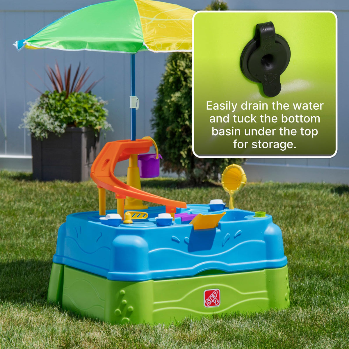 Step2 Waterpark Wonders Two Tier Water Table, Kids Water Activity Sensory Playset with Umbrella, Garden Hose Sprinkler Attachment, 11 Piece Accessories, Outdoor Summer Toy, Ages 18 Months+, Blue