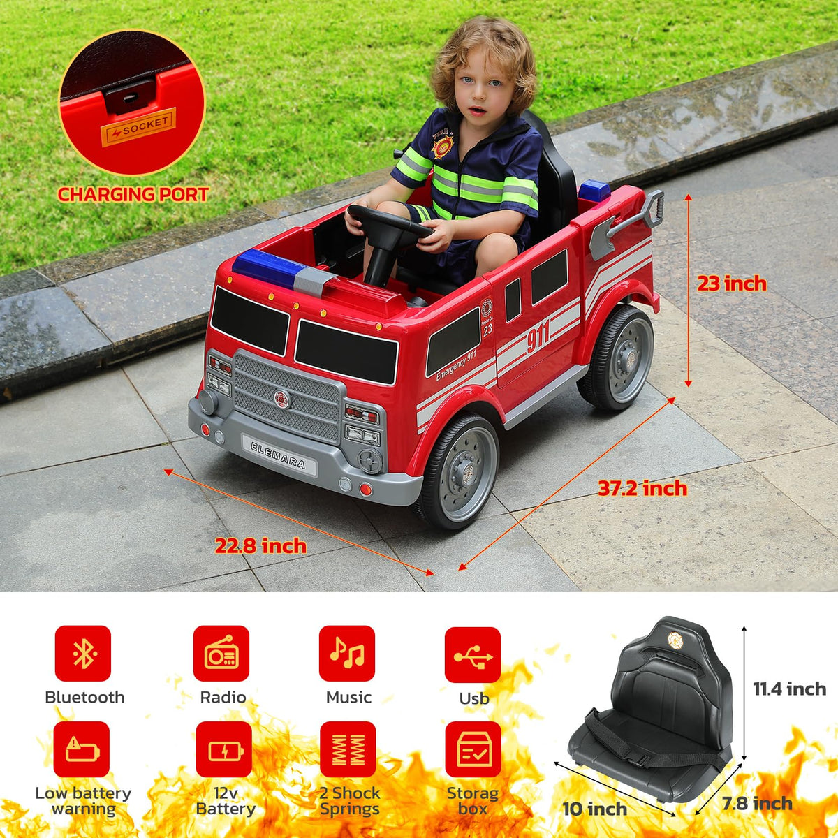 ELEMARA 12V Ride on Fire Truck, Battery Powered Toddler Electric Vehicle w/Parent Remote Control,Ride on Car for Kids,Siren-Call,walkie-talkies, Flashing Lights,Fire Extinguishers, Bluetooth,Music,UBS