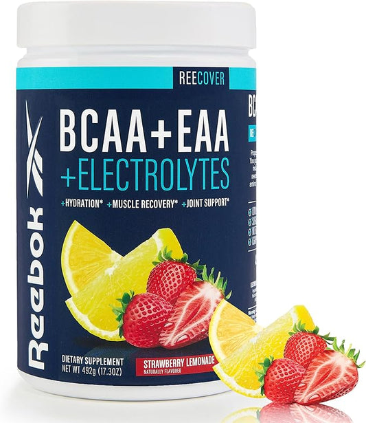 Reebok REECover Amino Acids + Electrolytes | 8g EAAs, 5g BCAAs, Hydration Matrix | Muscle Recovery, Strength | Post-Workout Support | 30 Servings | Strawberry Lemonade