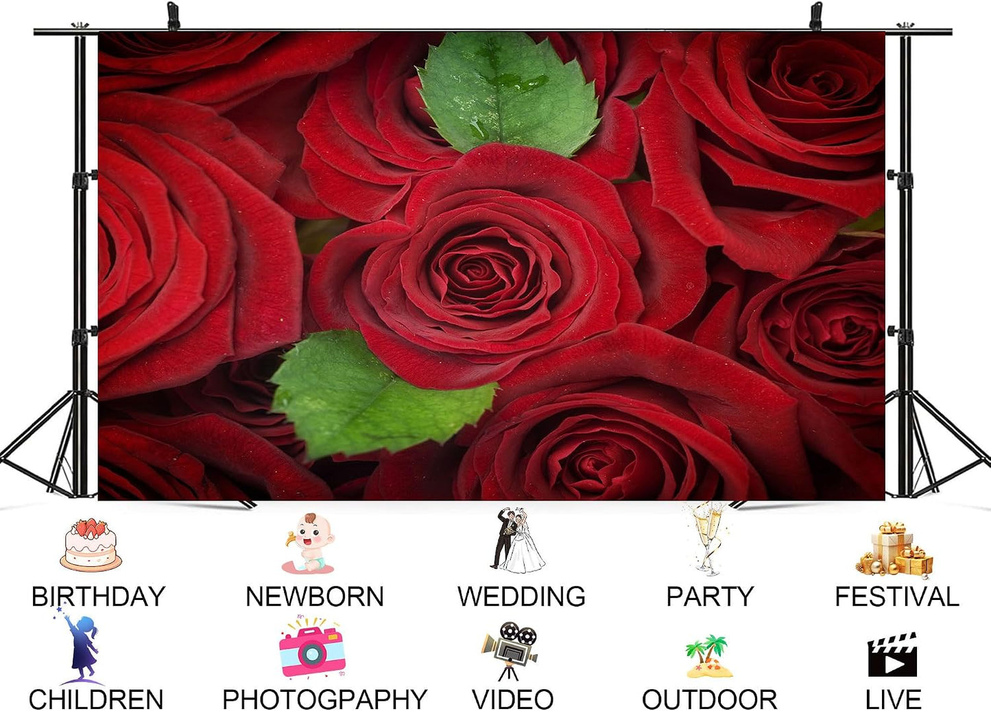 UPXIO 10x8ft Red Roses with Green Leaves Backdrop Romantic Floral Bouquet Photo Background Tapestry for Valentine's Day