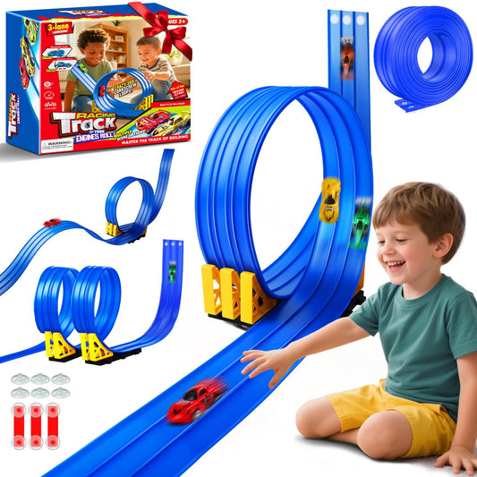 3-Lane Flexible Race Track for Kids: 15ft DIY Bendable Ramp with Suction Cups – Portable Roll-Up Car Track for Kids Compatible with 1:64 Diecast Cars – Easter Birthday Gift for Boys Girls Ages 3+