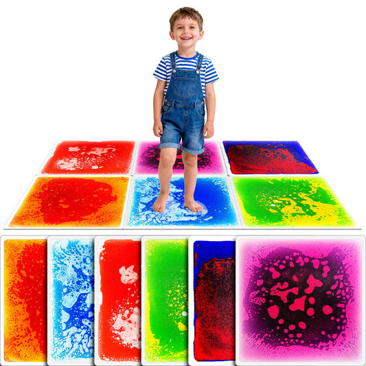 Toddler Sensory Liquid Floor Mats - 6-Piece Liquid Play Mat Pack, 12" x 12" Square Sensory Puzzle Mats for Autism, Lava Brick Dance Step Mats, Montessori Gross Motion Toys for Preschool Classrooms