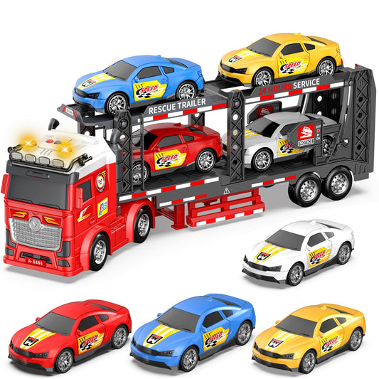 DOWELLIN Carrier Truck Race Car Toys for 3 4 5 6 7 Years Kids, 21.5" Friction Powered Double Layer Semi Transport Truck Toy with 4 Racing Cars, Light&Sound Vehical Toys, Xmas Gift for Boy Girl-Red