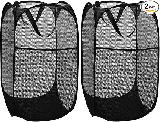 BATTOO Deluxe Strong Mesh Pop up Laundry Hamper Basket with Side Pocket for Laundry Room, Bathroom, Kids Room, College Dorm or Travel 2 Pack Black