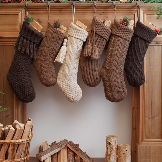 steo spce 6 Pack Vintage Knit Christmas Stockings – White Beige Apricot Rustic Boho Farmhouse Cable Knitted Holiday Set, 3 Large 18” and 3 Small 15” Neutral Stockings (Brown Color)